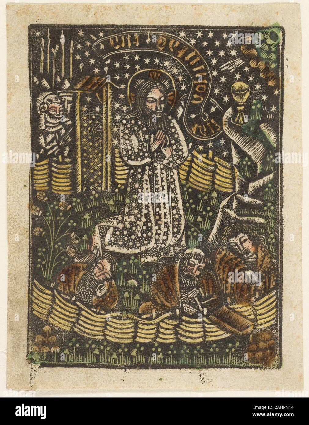 Artiste inconnu. Le Christ au Jardin de Gethsémani. 1460-1465. L'Allemagne. Metalcut colorée à la main en noir avec le pinceau et aquarelle en jaune, brun-rouge, vert et le lac, sur papier vergé ivoire, avec texte manuscrit à la plume et encre brune au verso Communion pain venaient de différentes formes dans l'Europe de la Renaissance, et cette variété est particulièrement claire à partir de représentations de la Dernière Cène, lorsque le Christ offre symboliquement son corps à ses disciples. Dans cette série metalcut sur la vie du Christ, la forme du pain-le traditionnel Bretzel, ou trahit-bretzel que les impressions ont été faites en Bavière. Bien que l'h Banque D'Images