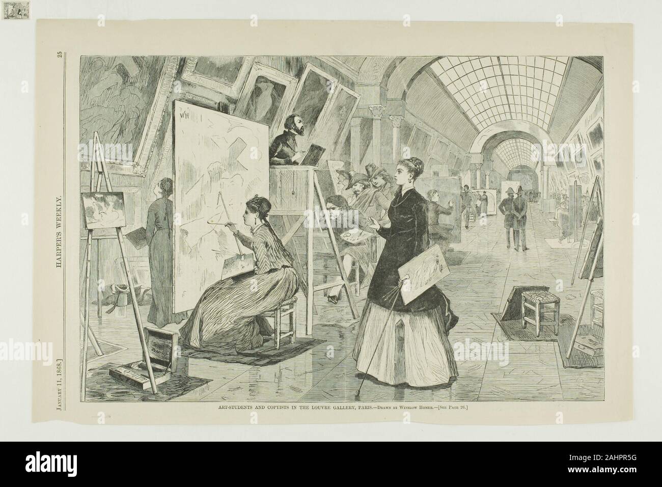 Winslow Homer. Des étudiants en art et des copistes dans la galerie du Louvre, Paris. 1868. United States. La gravure sur bois sur papier vélin chamois Banque D'Images