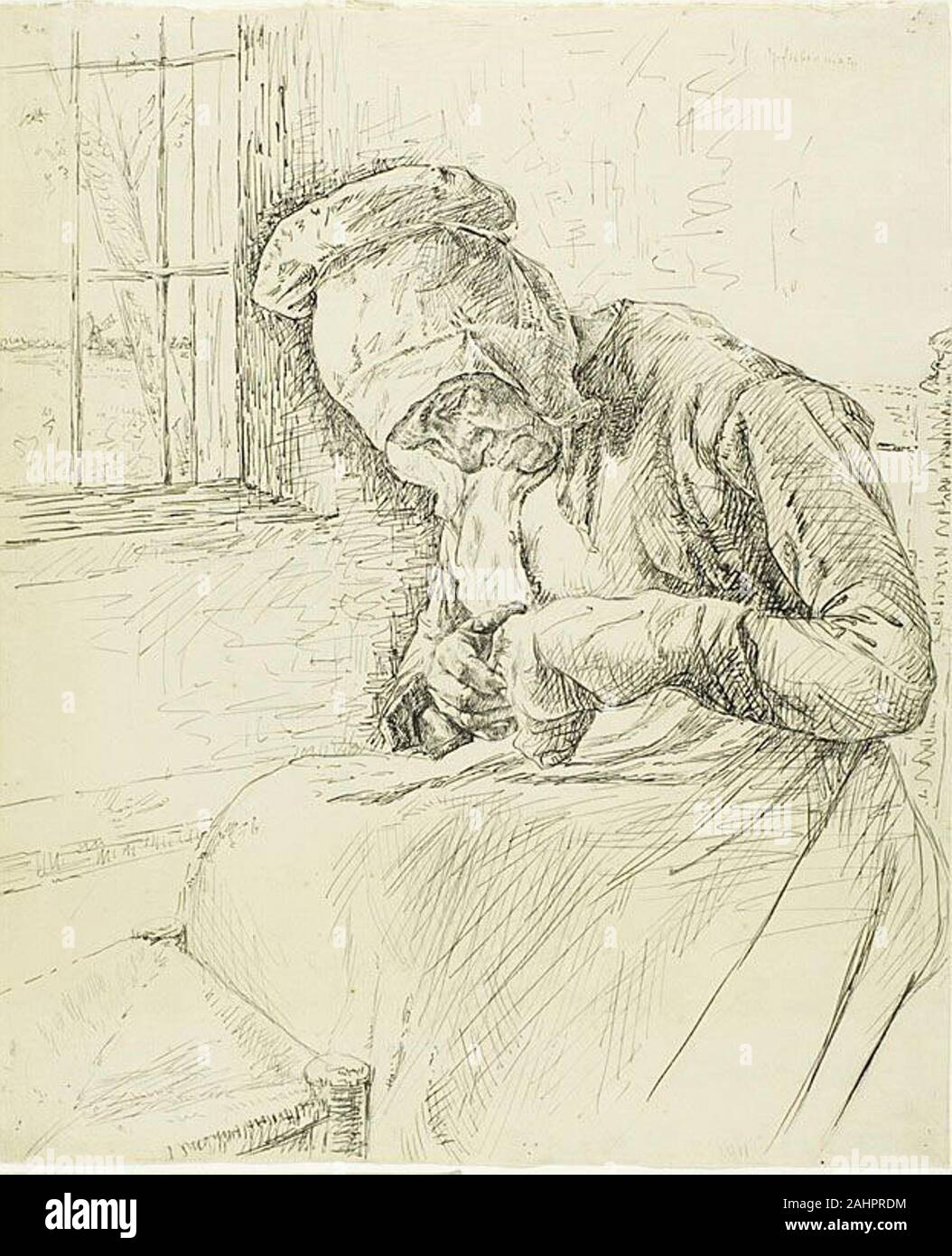 Max Liebermann. Vieille Femme à la fenêtre de réparation. 1881. L'Allemagne. Plume et encre noire sur graphite et crayon bleu sur papier vergé crème Banque D'Images