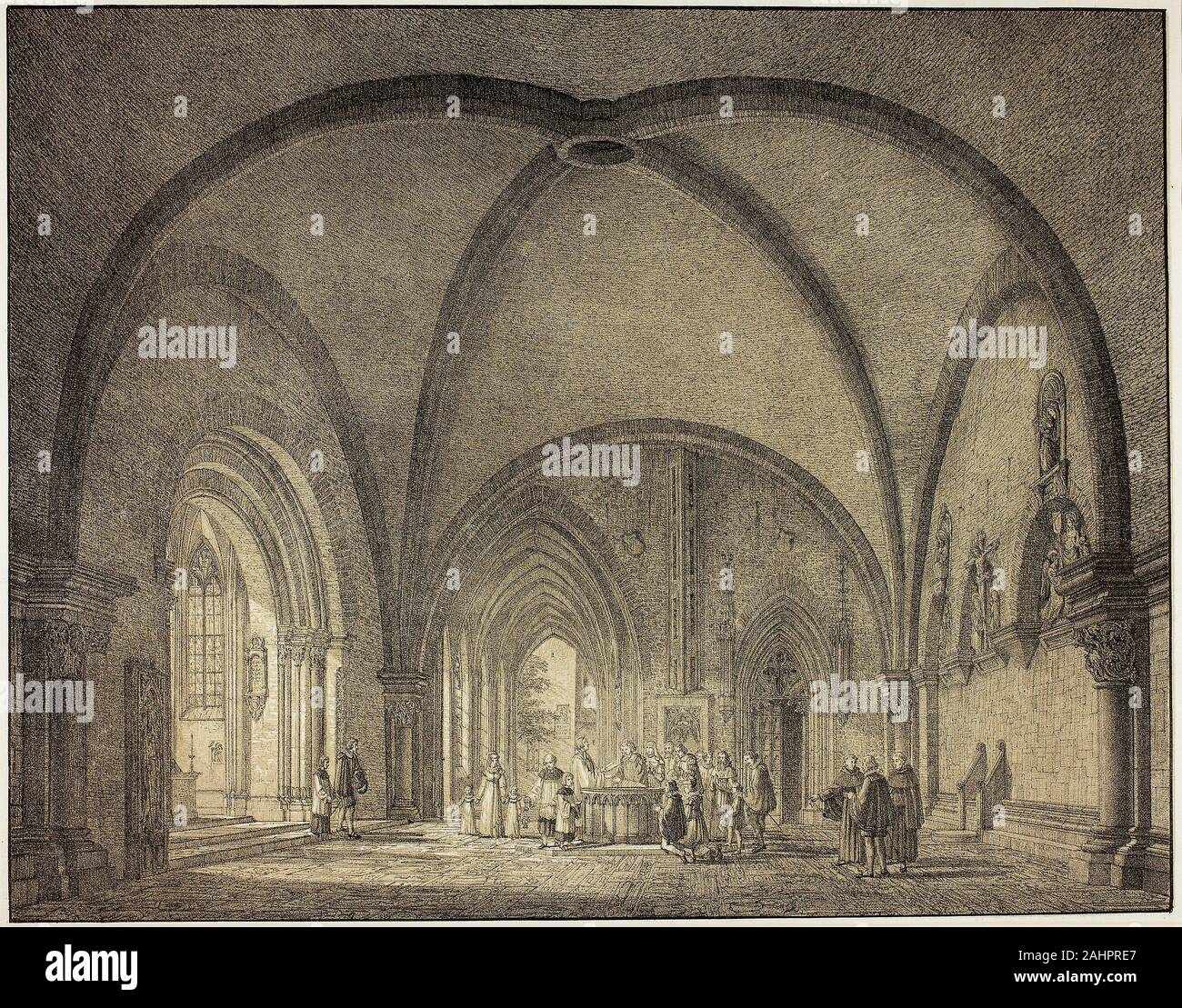 Domenico Quaglio. Hall et les cloîtres de baptême à la Cathédrale de Mayence, à partir de la collection de bâtiments médiévaux mémorable en Allemagne. 1823. L'Allemagne. Lithographie en noir, avec Pierre de teinte beige, sur papier vélin ivoire Quaglio produit de nombreuses lithographies paysage à travers 1823, beaucoup en série de vues de Munich et des sites médiévaux. La collection vu dans cette galerie de l'artiste bénéficie de nombreux voyages dans toute l'Allemagne, son pays d'adoption, les documents et les structures impressionnantes de survivant du 16ème siècle et plus tôt. Quaglio leur a donné tout de même édifiant et long titre lithographique Banque D'Images