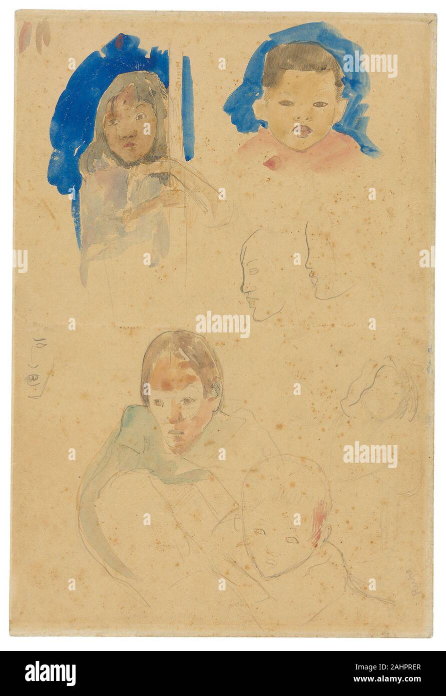 Paul Gauguin. Esquisses de personnages et d'animaux à partir de Tahiti. 1891-1893. La France. Mine de plomb et gouache bleu, avec plume et encre jaune pâle à l'origine (violet) et l'aquarelle (recto) ; graphite, plus de plume et d'encre jaune pâle à l'origine (violet) et l'aquarelle (verso), sur vélin crème, décolorées à tan (retiré d'un sketchbook) Banque D'Images