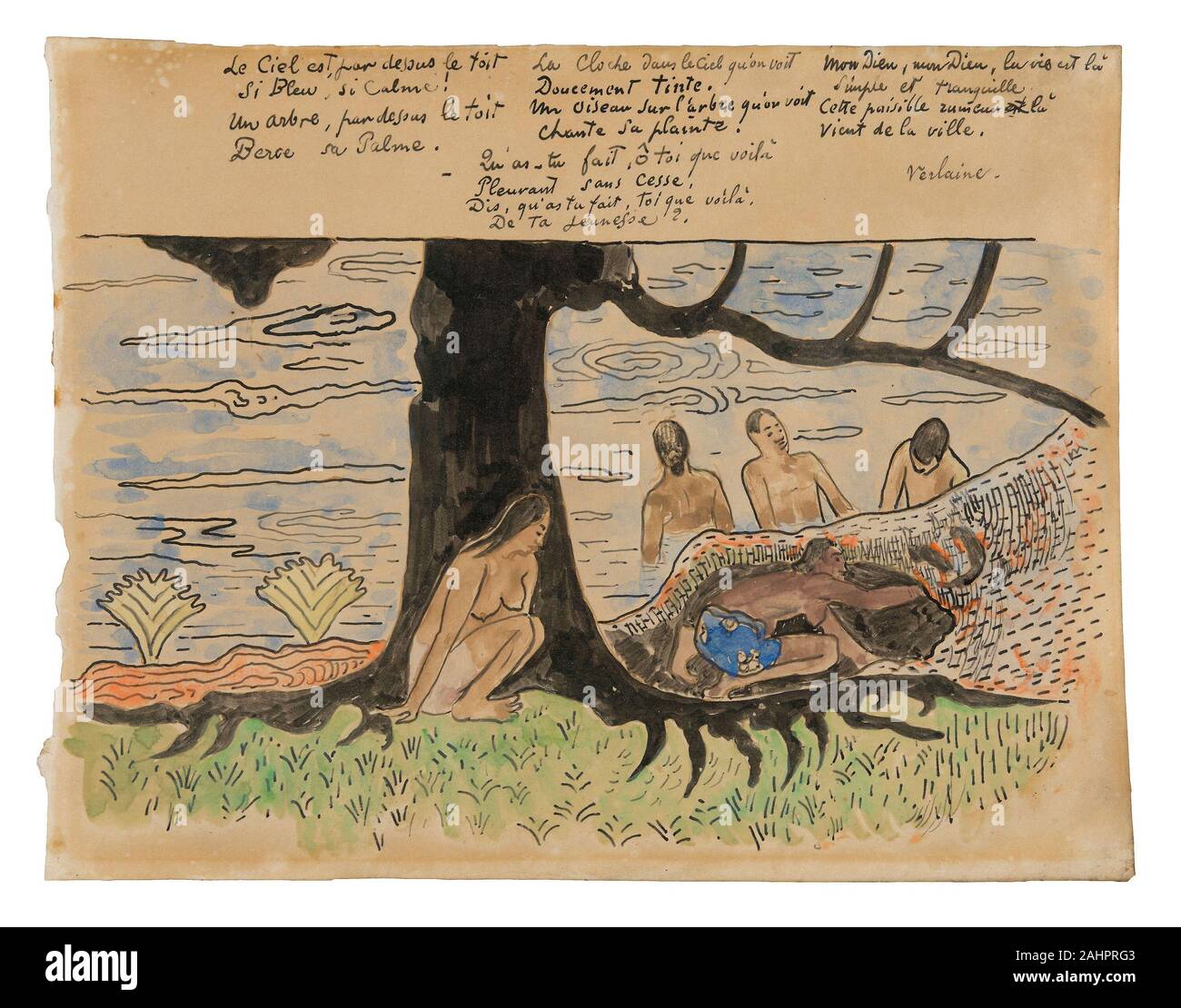 Paul Gauguin. Les polynésiens la pêche. 1891-1893. La France. L'encre noire et pinceau, pinceau et encre brune sur l'origine (violet), avec l'aquarelle et gouache sur parchemin, fixées sur papier vélin brun Banque D'Images