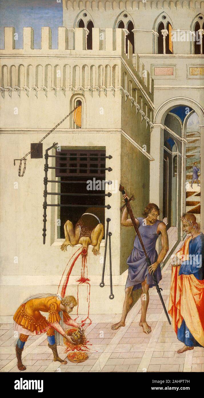 Giovanni di Paolo. La décapitation de Saint Jean Baptiste. 1455-1460. L'Italie. Tempera sur panneau, parmi les plus remarquables du maître Siennois Giovanni di Paolois sa narration série de 12 panneaux illustrant la vie de Saint Jean le Baptiste, de sa naissance, de la prophétie, et le baptême du Christ par sa décapitation à la demande de Salomé. Ces scènes sont adoptées dans les paramètres complexes qui exploitent la grande, mince proportion des panneaux et la force expressive des poses des chiffres. La décapitation de Saint Jean Baptiste dépeint les sbires de la Reine Herodias mise Banque D'Images