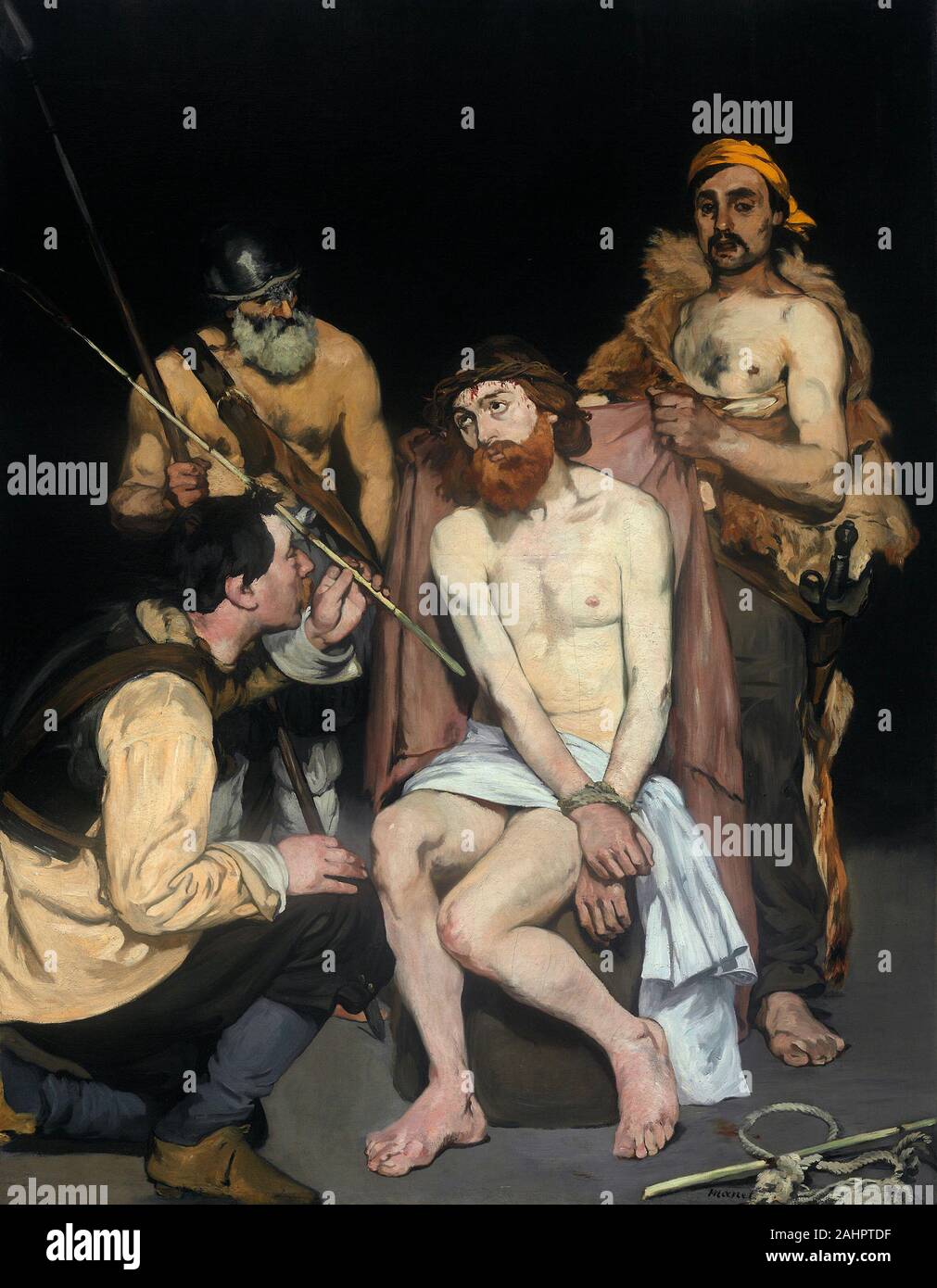 Édouard Manet. Jésus raillé par les soldats. 1865. La France. Huile sur toile tout au long de sa carrière, Édouard Manet a réussi à confondre le public et de choc avec sa technique d'approche non orthodoxe et audacieuse pour la matière. La caractéristique la plus étonnante de ses grandes compositions religieuses Jésus raillé par les soldats est qu'il a été peint du tout. Après l'avènement de la mouvement réaliste dans les dix-neuvième siècle, la peinture française, ancrée dans l'ici et maintenant, artistes d'avant-garde en France n'a pas poursuivi les thèmes religieux. Pourtant, alors que Manet était très certainement un peintre de matières laïques-en fait, il wa Banque D'Images