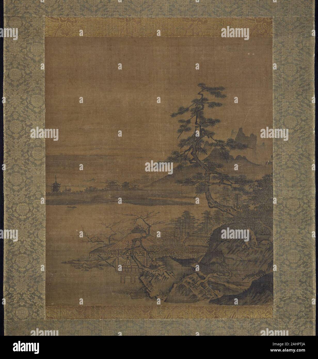 De l'école Sesshu. Vue du printemps à partir d'un pavillon de chaume au bord du lac. 1475-1500. Le Japon. Album Leaf monté comme un défilement pendaison ; l'encre et couleurs légères sur soie Banque D'Images