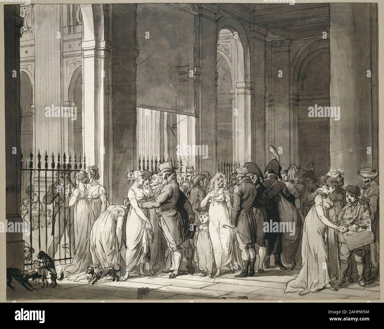 Louis-Léopold Boilly. Les Arcades au Palais-Royal. 1761-1804. La France. Plume et encre noire, et à la brosse de lavage et gris, avec du gris, plus de gouache, craie noire sur papier vergé ivoire remarquablement cette image frank fait fi des normes du sujet acceptable. Ici, Boilly dépeint les prostituées et les hommes qui ont demandé eux-qui se sont réunis dans l'arcade du Palais-Royal à Paris. Plus connu pour ses peintures de genre de charme, Boilly a été dénoncé en 1793 par un tribunal révolutionnaire français pour la peinture des photos de l'obscénité révoltante à la morale républicaine." Il a survécu et même en 1804, dans le cadre du pan Banque D'Images