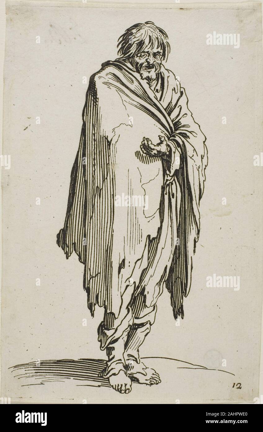 Jacques Callot. Mendiant sans chapeau ou des chaussures, de la plaque de douze mendiants. 1617-1627. La France. Gravure sur papier vergé ivoire Banque D'Images