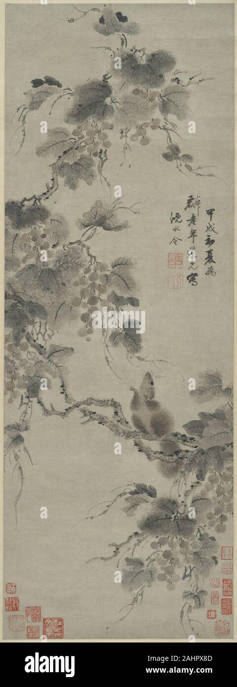 Shen Yongling. L'écureuil roux et les raisins. 1694. La Chine. Défilement pendaison ; l'encre et couleur sur papier Banque D'Images