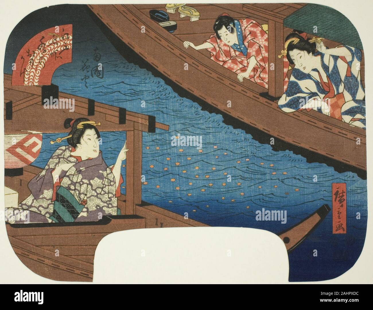 Utagawa Hiroshige. D'artifice à Ryogoku (Ryogoku hanabi), de la série Réflexions sur l'eau à des endroits célèbres à Edo (Edo meisho mizu no omokage). 1852. Le Japon. Gravure sur bois en couleur ; uchiwa-e Banque D'Images