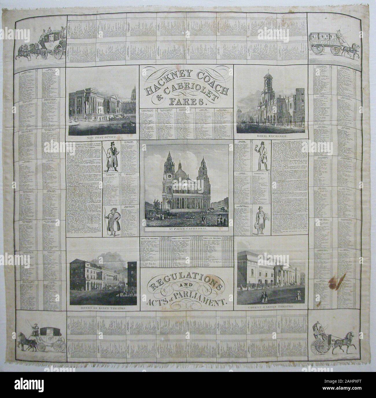 John Leander Bishop (Designer). Hackney Coach et Cabriolet Tarifs/ règlements et lois du Parlement (mouchoir). 1832-1835. Londres. La soie, à armure toile, imprimé en taille-douce Banque D'Images