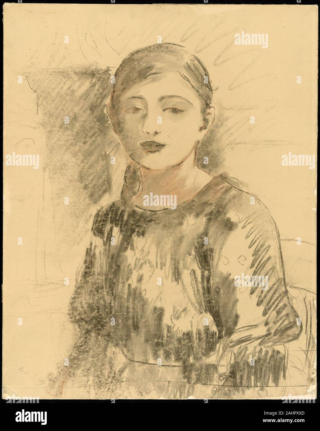 Berthe Morisot. Portrait de Julie Manet. 1890. La France. Dessin au fusain de transfert et de craie rouge, sur la lumière tan papier calque, fixées sur papier vélin blanc, enveloppé autour de base Banque D'Images