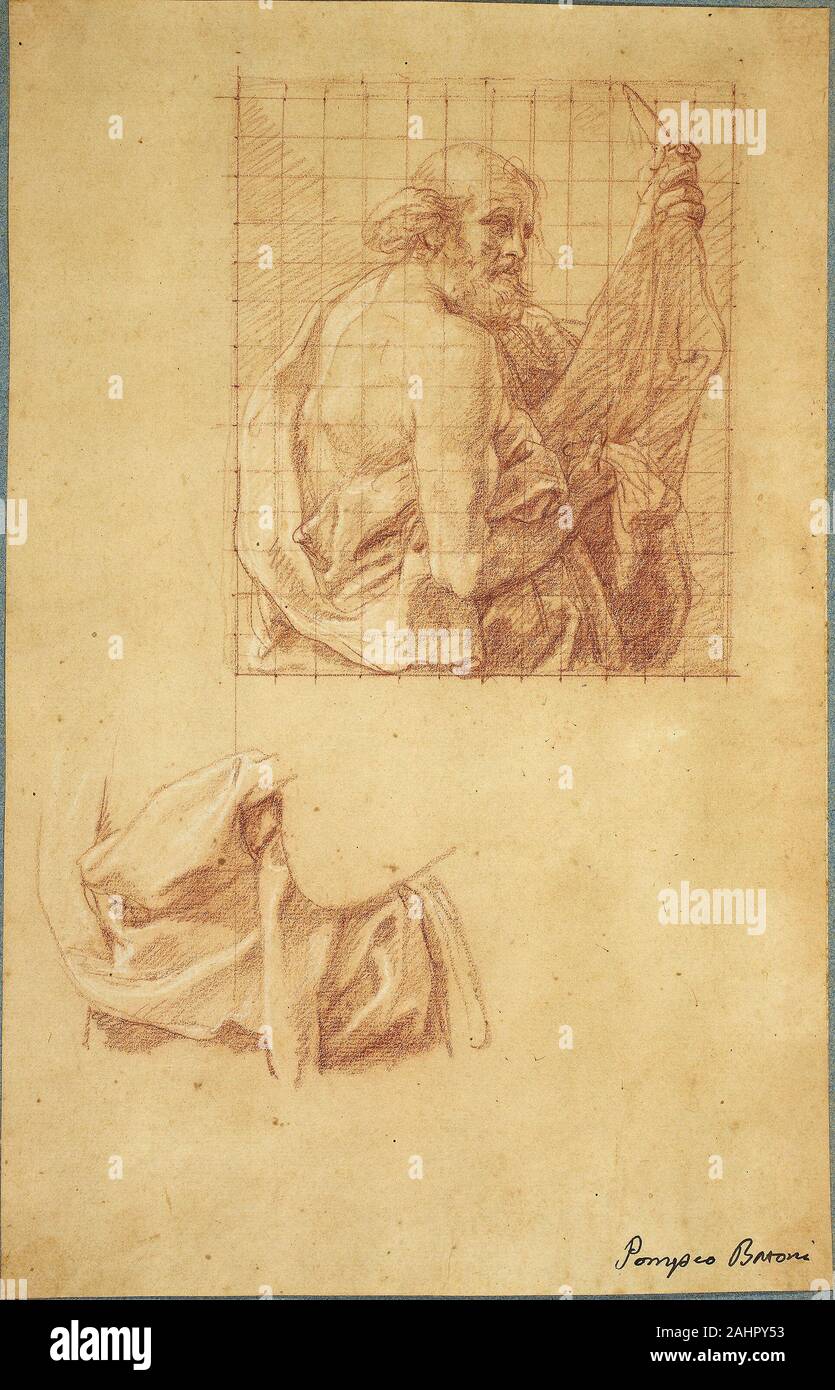 Pompeo Girolamo Batoni. Étude pour la Saint Barthélemy et draperie. 1735-1745. L'Italie. Craie rouge, rehaussée de craie blanche, sur papier vergé beige, squared pour transférer avec craie rouge, monté à bord carte vélin bleu Pompeo Batoni a été l'un des plus grands peintres religieux travaillant à Rome au 18e siècle. Cette feuille d'études préparatoires était pour sa peinture la Saint Barthélemy (1740/45 ; collection privée, Rome). Il faisait partie d'une série de toiles représentant des apôtres du Christ a commandé par le comte Cesare Merenda, les plus férus de Batoni, patron de sa galerie dans la ville de Forlì, dans le centre Banque D'Images