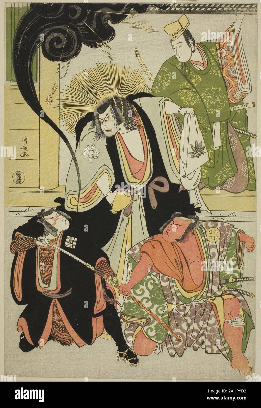 Torii Kiyonaga. Les acteurs Nakamura Nakayama Kojuro VI (I) comme Hatchotsubute Nakazo no Kiheiji, Otani II III comme Arajiro Miura, Ichikawa Yaozo III comme Akugenta Yoshihira, Sawamura Sojuro III comme Taira no Shigemori, dans le Fukyoku shosa Geisha Edo, joué au Théâtre Nakamura dans le onzième mois, 1785. 1785. Le Japon. Estampe oban couleur ; Banque D'Images