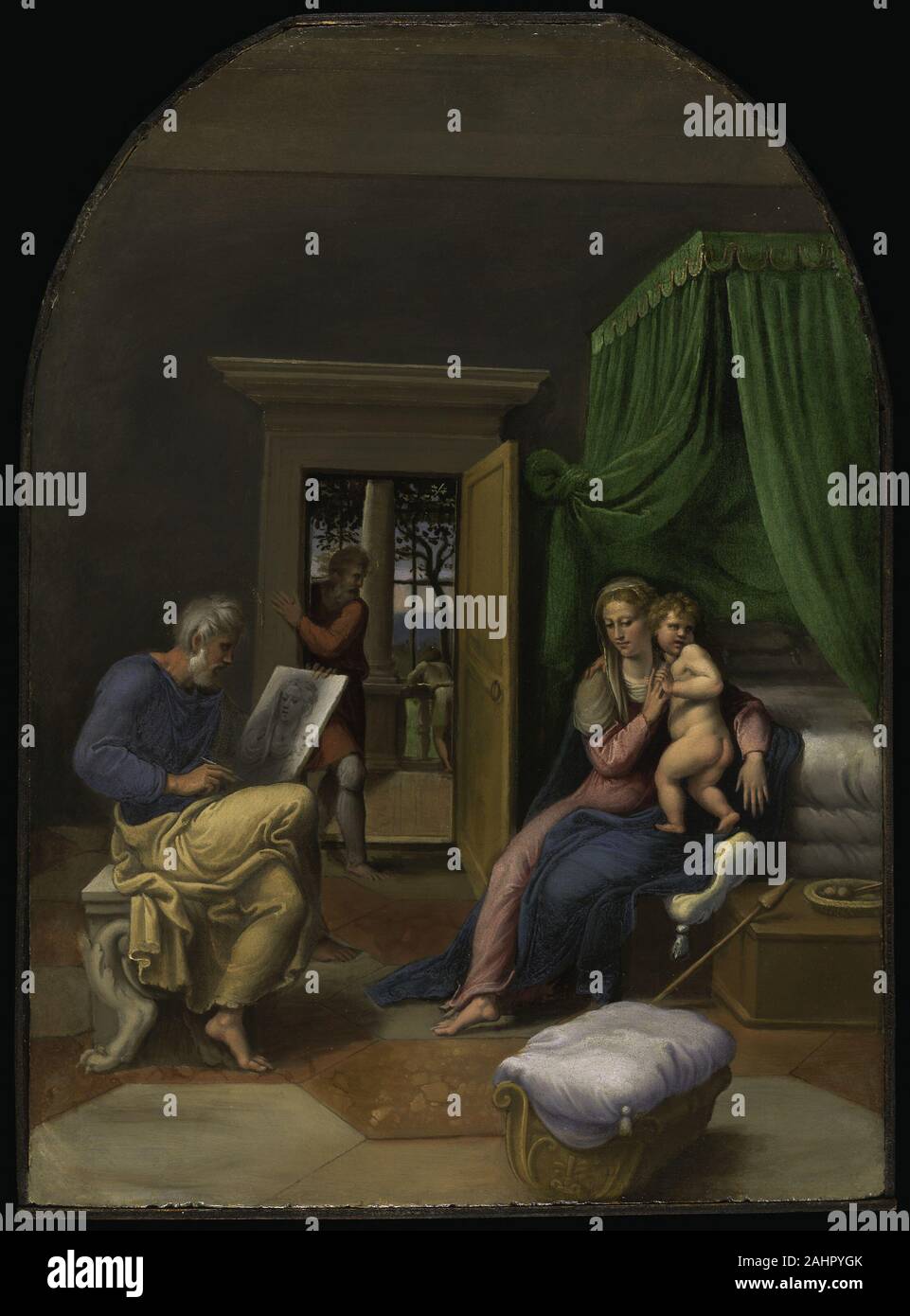 Girolamo da Carpi. Saint Luc dessinant la Vierge et l'Enfant Jésus. 1530-1540. Huile sur panneau Girolamo da Carpi a été l'un des plus talentueux artistes à la cour de la famille d'Este de Ferrare, un important centre artistique pendant la Renaissance italienne. Ce travail intime a été peint pour l'Estes et orné l'oratoire chapelle de leur palais. Dans la peinture, Saint Luc appelle la Vierge à l'enfant tandis que Saint Joseph discrètement une porte de montres. Comme dans de nombreuses œuvres de la Renaissance, le Christ apparaît agité-possédant apparemment prescience de sa mort. Il peut être spearlike yarnwin réagissant à la Banque D'Images