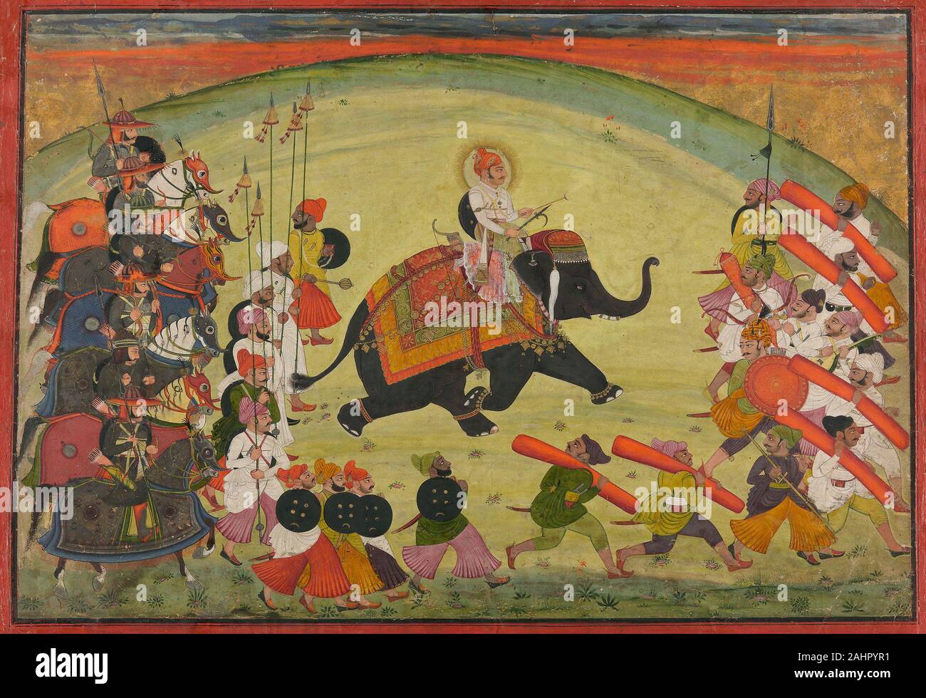 Maharao Guman Singh équitation un éléphant en procession. 1770-1827. L'Inde. Aquarelle opaque, l'encre noire, et d'or sur papier beige Banque D'Images