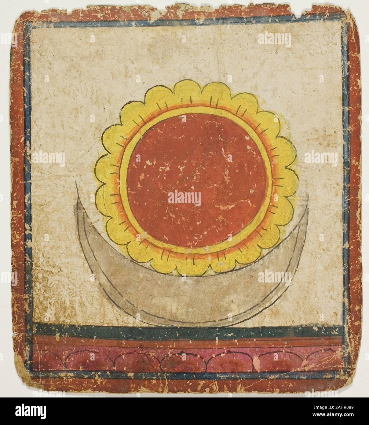 Soleil, Lune et Lotus sur trône de lotus, à partir d'un ensemble de cartes d'initiation (Tsakali). 1299-1499. Le Tibet. Encre et aquarelle sur papier Banque D'Images