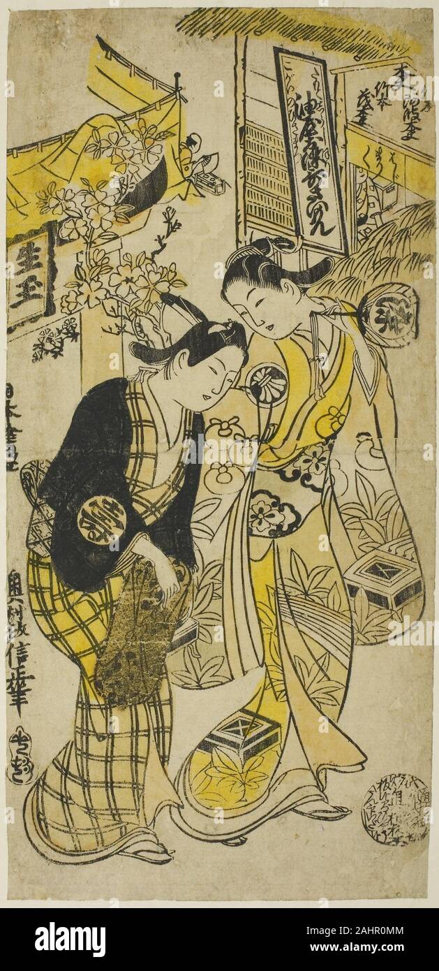 Okumura Masanobu. Les acteurs Segawa Kikunojo I comme Osome et Sodesaki Kikutaro comme Hisamatsu dans la pièce Osome Hisamatsu Shinju, joué au Théâtre Nakamura dans le sixième mois, 1731. 1731. Le Japon. À la main, gravure sur bois ; hosoban, l'urushi-e Banque D'Images