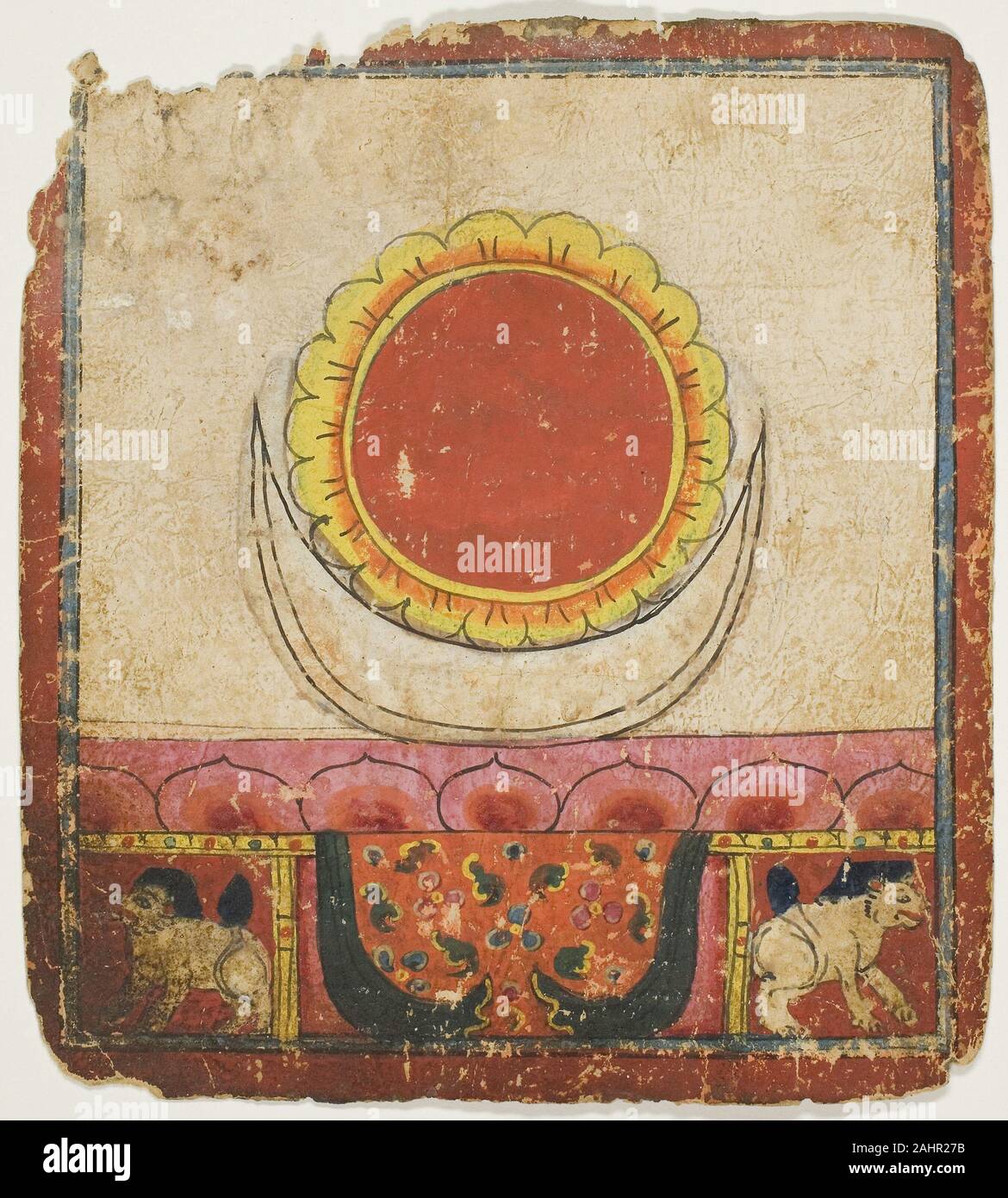 Soleil, Lune et Lotus sur Lion trône, à partir d'un ensemble de cartes d'initiation (Tsakali). 1301-1500. Le Tibet. Encre et aquarelle sur papier Banque D'Images