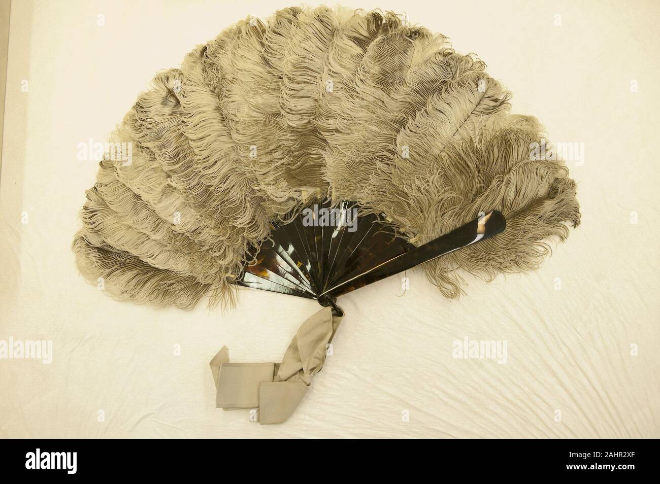 Ventilateur. 1875-1880. La France. Plumes d'autruche naturel ; l'utilisation d'écaille de bâtons ; shell rivet & boucle ; ruban gris Banque D'Images