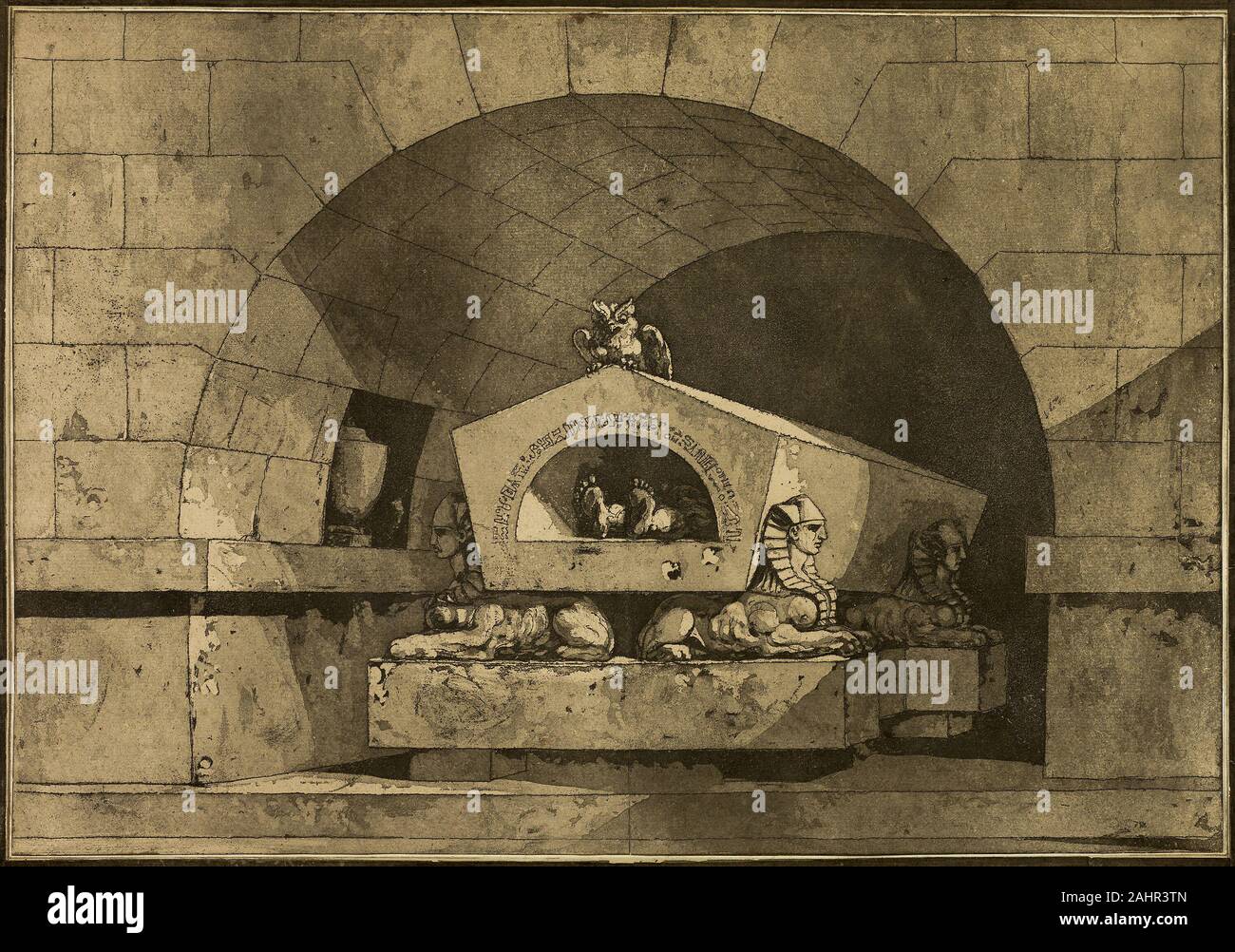 Louis Jean Desprez. Tombeau avec Sphinx et un hibou. 1779-1784. La France. Eau-forte et aquatinte en brun sur papier vergé crème cette invention d'un tombeau égyptien imaginaire par l'artiste français, architecte, décorateur et Louis-Jean Desprez a fait partie d'un ensemble de quatre aquatintes sur le thème qu'il a conçu tout en vivant à Rome. Il combine un sentiment de drame théâtral avec des références aux antiquités égyptiennes, qui jouit d'une vogue à l'époque.L'impression fantaisie bizarre (faite par l'horrible cadavre exposé dans le tombeau ouvert), renforcée par contrastes dramatiques d'ombre et de lumière, en fait un document du som Banque D'Images
