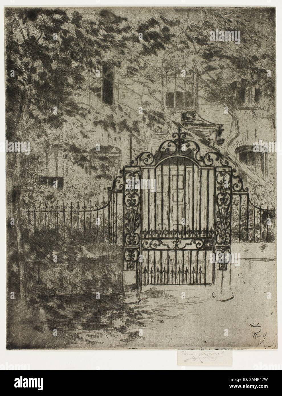 Theodore Roussel. La porte, Chelsea. 1889-1890. L'Angleterre. Pointe sèche avec ton assiette en noir sur papier vergé crème dans cette Roussel a enregistré la ferronnerie remarquables et géorgienne de la porte d'une grande maison sur marche, Cheyne partie d'une ligne de maisons qui est encore debout aujourd'hui. La romancière George Eliot (Mary Ann Evans) y vivaient en 1880, et le peintre et poète Dante Gabriel Rossetti vivaient à proximité de 1862 jusqu'à peu avant sa mort en 1882. Banque D'Images