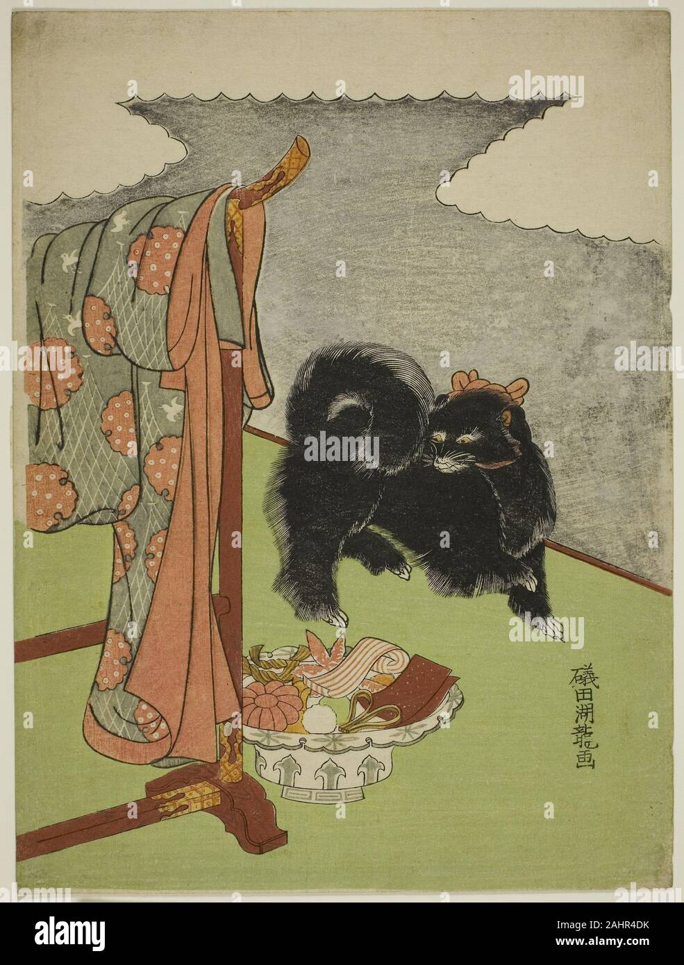 Isoda Koryusai. Chien Noir. 1767-1785. Le Japon. Estampe chuban couleur ; Banque D'Images
