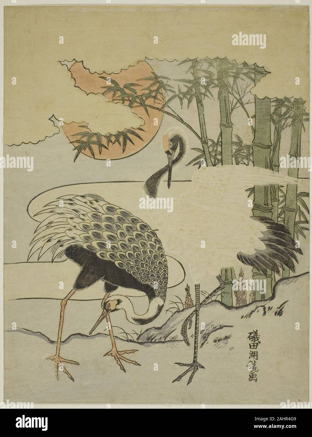 Isoda Koryusai. Grues et bambou. 1769-1779. Le Japon. Estampe chuban couleur ; Banque D'Images