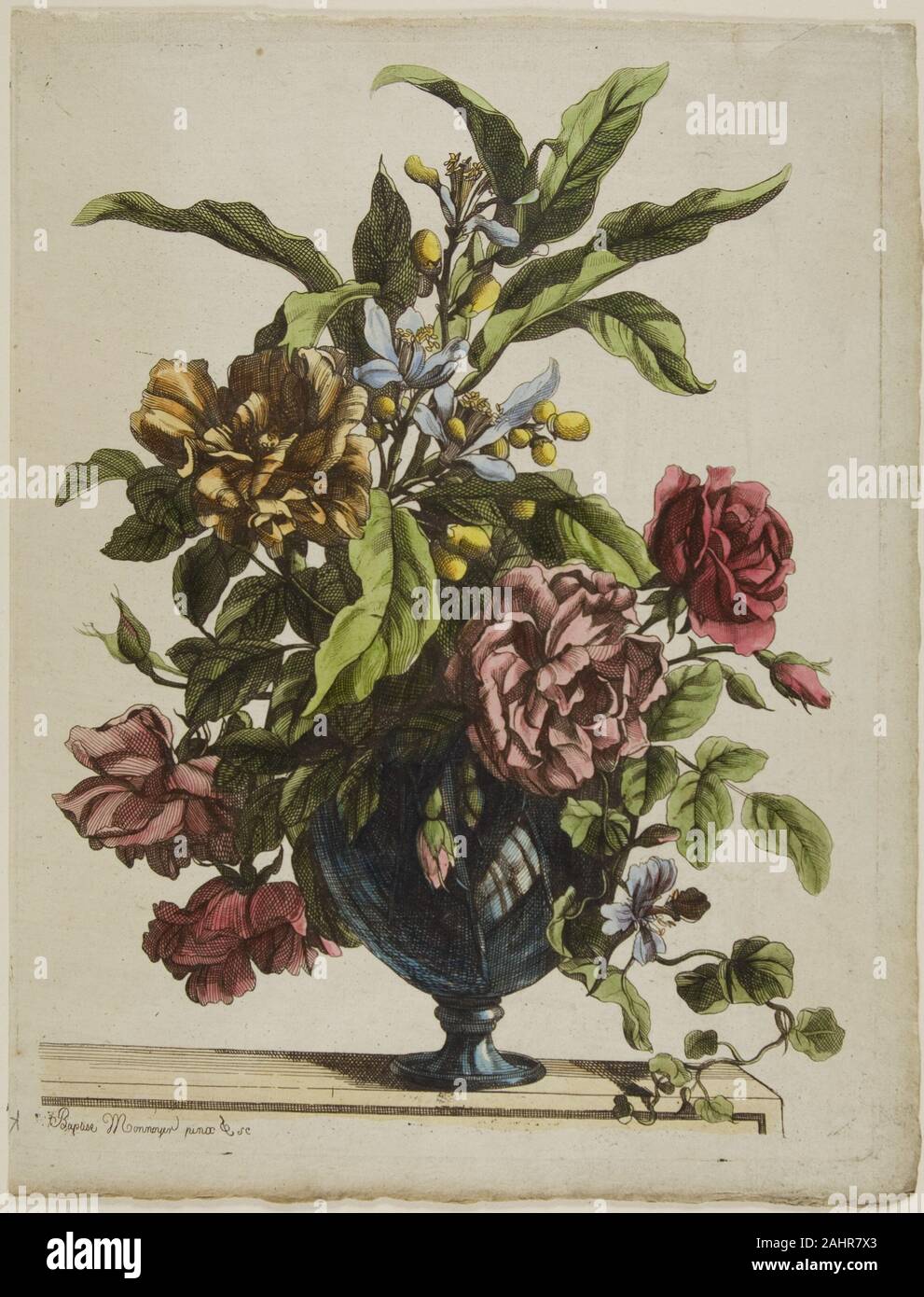 Jean Baptiste Monnoyer. Vase de fleurs. 1660. La France. Eau-forte en noir, avec la main-coloration, sur papier ivoire Banque D'Images