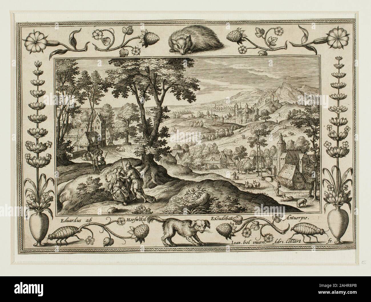 Adriaen Collaert, II. Juda et Tamar, de paysages avec des scènes de l'Ancien et du Nouveau Testament et des scènes de chasse. 1584. La Flandre. Gravure en noir sur papier vergé crème, fixées sur papier vergé crème Banque D'Images