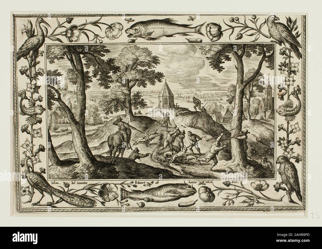 Adriaen Collaert, II. Chasse au loup, de paysages avec des scènes de l'Ancien et du Nouveau Testament et des scènes de chasse. 1584. La Flandre. Gravure en noir sur papier vergé crème, fixées sur papier vergé crème Banque D'Images