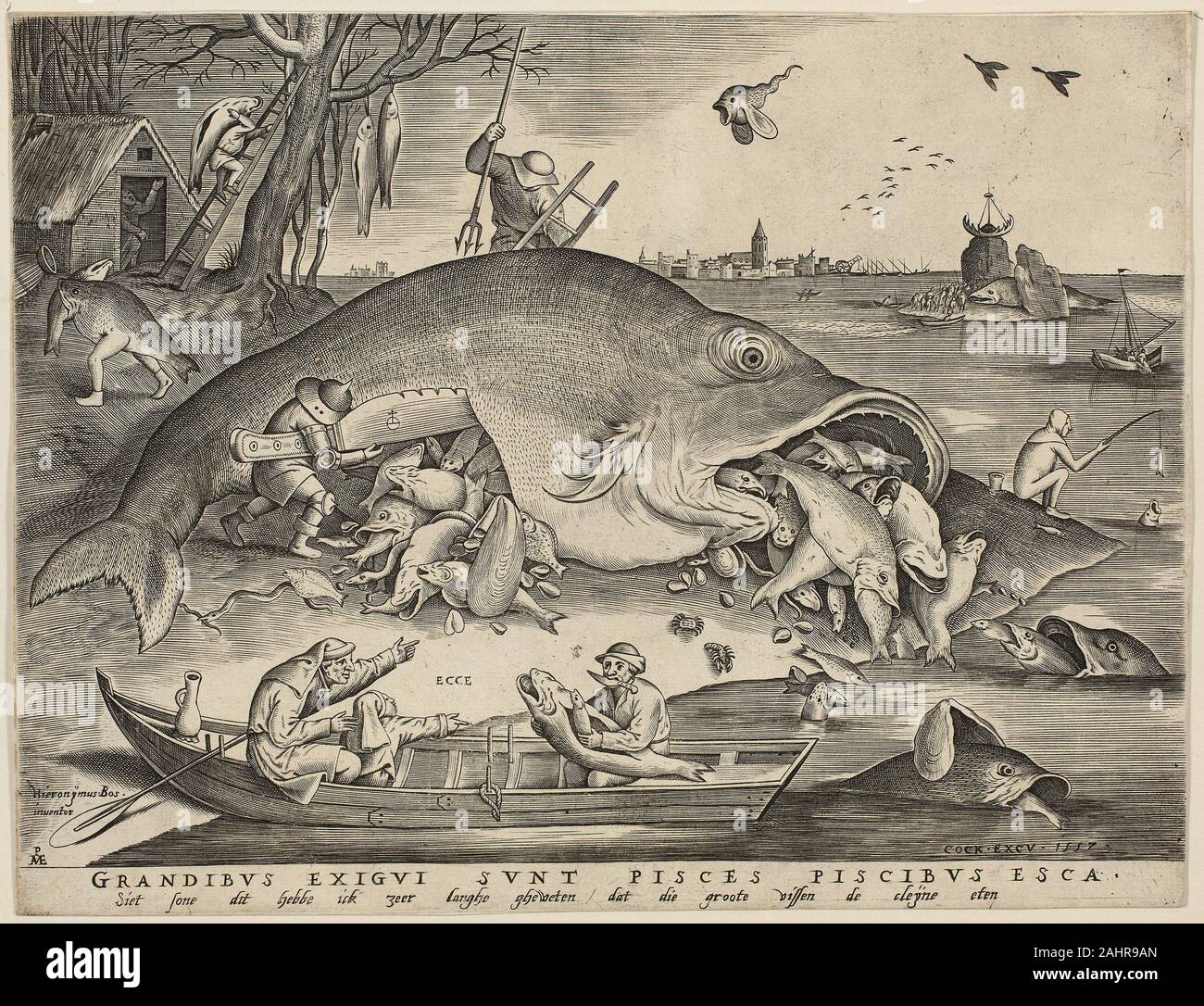 Pieter van der Heyden. Les gros poissons mangent les petits. 1557. La Flandre. La gravure en noir sur papier vergé ivoire, fixées sur papier vergé ivoire Cette gravure illustre l'obsédante proverbe qui le gros poisson mange le petit toujours. En commençant par le plus grand que le poisson en son centre, l'image fourmille d'activité grotesque, comme l'écoulement d'organes d'autres organes et de créatures hybrides à pied et voler sur. Pieter Bruegel semble prendre une mauvaise opinion de l'humanité ici, l'un de dégoût à sa capacité infinie à cannibaliser elle-même. Cela s'illustre parfaitement dans le poisson hybride-personne à gauche Banque D'Images