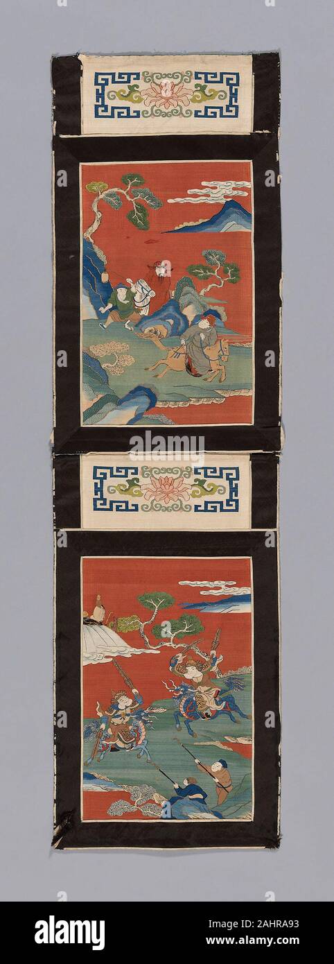 De Bord (pour un écran). 1875-1900. La Chine. Fibres de soie, or-sur-papier-peint enveloppé de soie, tissage de la tapisserie à fente avec trame étendue et trames entrelacées exposant ; peindre ; frontières soie et coton, warp-float face 51, armure satin de soie les bords intérieurs et extérieurs, warp-float face 41 ; doublure armure satin de coton, à armure toile Banque D'Images