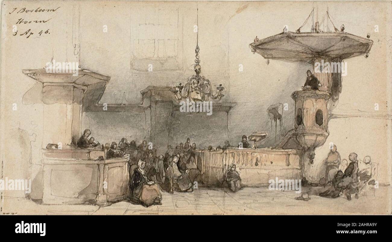 Johannes Bosboom. Intérieur d'une église. 1846. La Hollande. Plume et encre brune, aquarelle et graphite, sur vélin crème card Banque D'Images