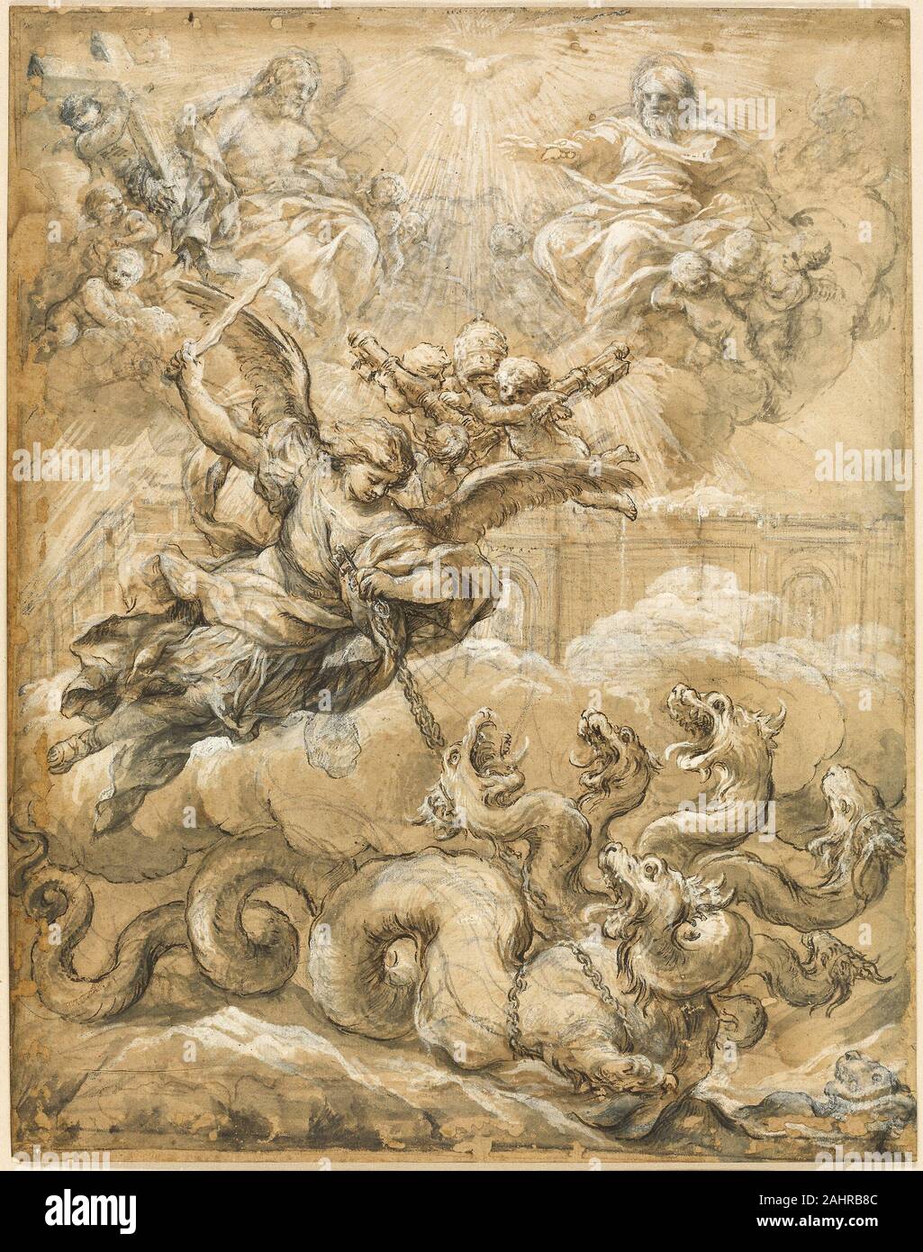 Pietro da Cortona. La Sainte Trinité avec Saint Michel La conquête du Dragon. 1656-1669. L'Italie. Plume et encre brune, avec brosse de lavage et brun et gris, rehaussée de blanc de plomb (décolorée) et craie noire sur papier vergé, tan, tan mis sur la carte prévue Pietro da Cortona a été actif à Rome en tant qu'architecte, peintre et décorateur,. Ce majestueux bilan témoigne sa virtuosité dans tous ces domaines, l'approximation des fresques au plafond baroque dans son jeu de lumière et de formes sculpturales, active. Il a probablement servi de modèle pour un tableau une fois au Vatican mais maintenant perdu. Banque D'Images