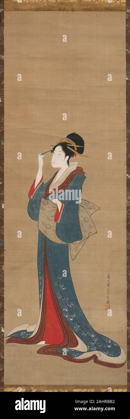 Chôbunsai Eishi. Remplacement de beauté son épingle à cheveux. 1793-1803. Le Japon. Défilement pendaison ; l'encre et couleur sur soie Banque D'Images