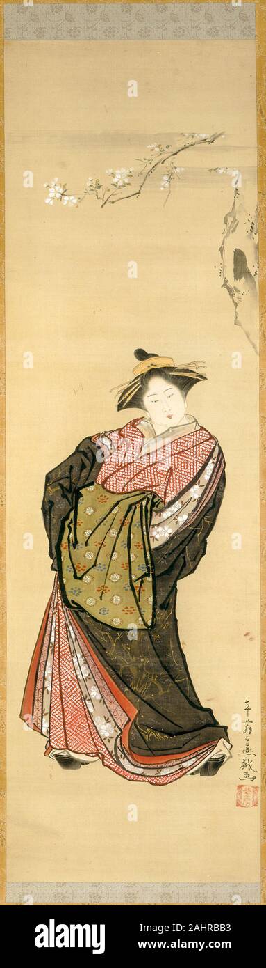 Toriyama Sekien. Courtisane et Cherry Branch. 1781-1791. Le Japon. Défilement pendaison ; encre, couleurs, et d'or sur soie Banque D'Images