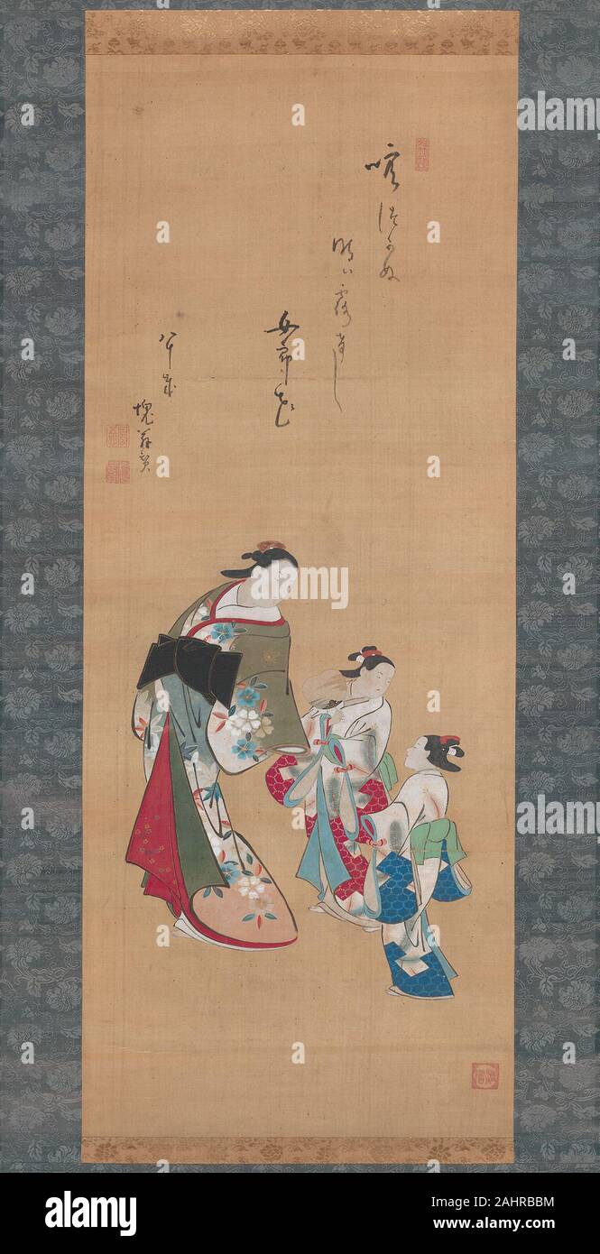 Torii Kiyonobu I. courtisane et deux accompagnateurs. 1695-1715. Le Japon. Défilement pendaison ; l'encre et couleurs sur soie Banque D'Images