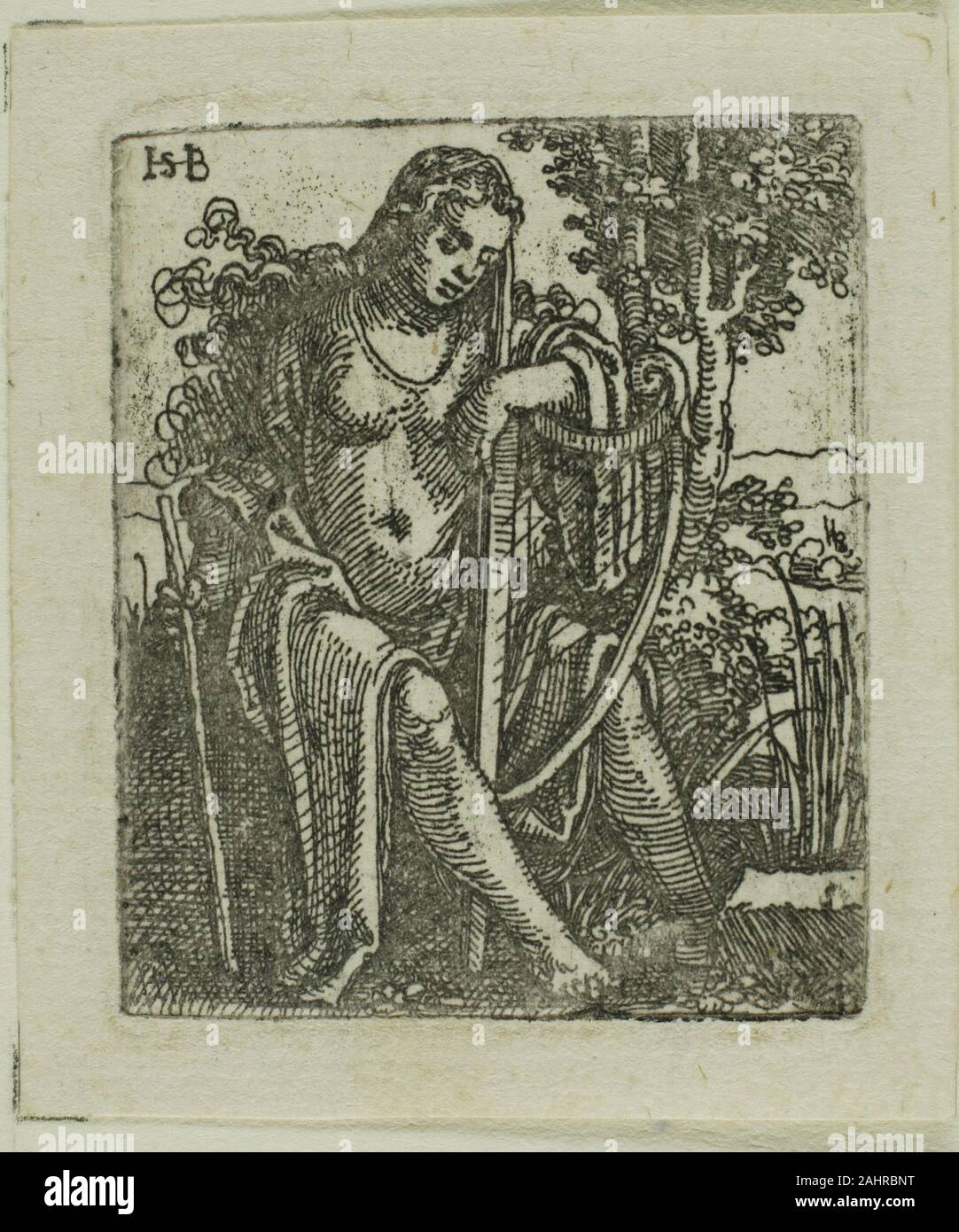 Hans Sebald Beham. Femme avec une harpe. 1520-1530. L'Allemagne. Eau-forte en noir sur papier vergé ivoire qui est cette femme, harpiste assis solennellement dans un paysage boisé est elle une muse une déesse juste une femme ordinaire, le spectateur est laissé à spéculer, comme il n'y a pas suffisamment d'indices pour savoir pour certain. Hans Sebald Beham, l'un des soi-disant maîtres peu allemand, tirages de ce genre qui créent un sentiment d'intimité grâce à leur petite échelle et la proximité de leurs sujets à l'image. Cette gravure est encore plus petite que beaucoup de ses estampes, obligeant les spectateurs à se rapprocher d'observer Banque D'Images