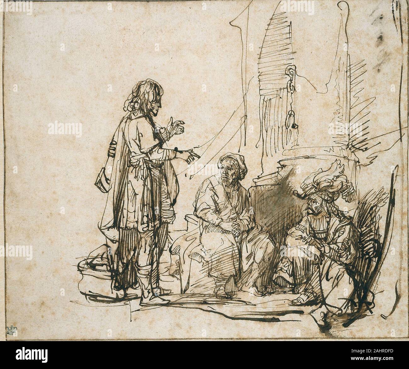 Govaert Flinck. Joseph interprète les rêves des prisonniers. 1637-1639. La Hollande. Plume et encre brune, à l'aide d'un pinceau et lavis, sur papier vergé ivoire Ce dessin illustre la mince ligne calligraphique, caractéristique des premiers dessins de Rembrandt. Elle montre que moment émouvant dans l'histoire de l'Ancien Testament, lorsque Joseph dit à la baker il serait libre dans trois jours. Le boulanger est inquiet et triste visage semble anticiper la mauvaise nouvelle Joseph livrerait-qu'il serait pendu dans le même nombre de jours. Banque D'Images