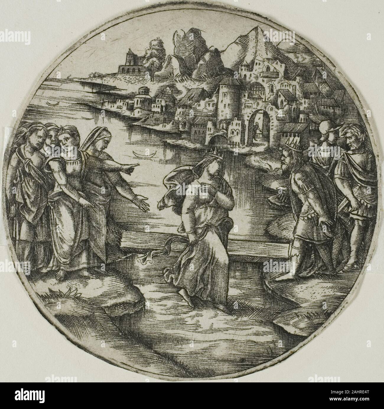 Georges Reverdy. La Reine de Saba la marche sur les eaux. 1530-1535. La France. Gravure en noir sur papier vergé ivoire Reverdy's plus tôt les sujets bibliques : cette gravure de la Reine de Saba traversant une rivière à la rencontre du roi Salomon, un acte symbolique préfigurant le rite du baptême chrétien et Jésus Christ's miracle de marcher sur l'eau. Sheba's peu distingué plonger souligne son insistance pour atteindre Solomon sur l'autre rive et prouver sa sagesse en posant de nombreuses questions. Banque D'Images