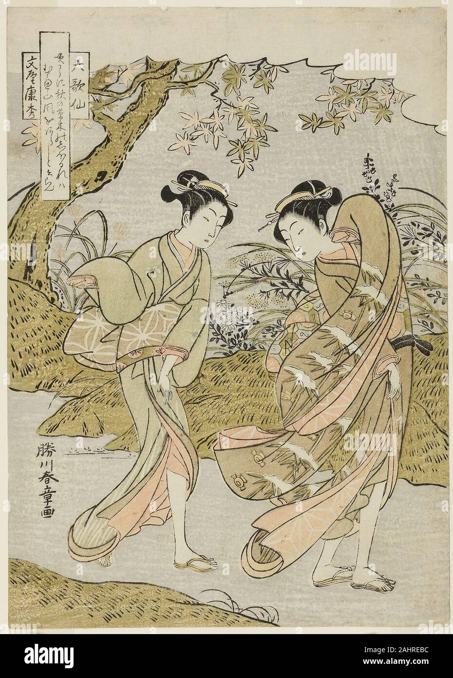 Katsukawa Shunsho. Funya no Yasuhide, deux femmes dans un paysage d'automne en rafales, de la série Rokkasen (les six poètes immortels). 1766-1776. Le Japon. Estampe chuban couleur ; Banque D'Images