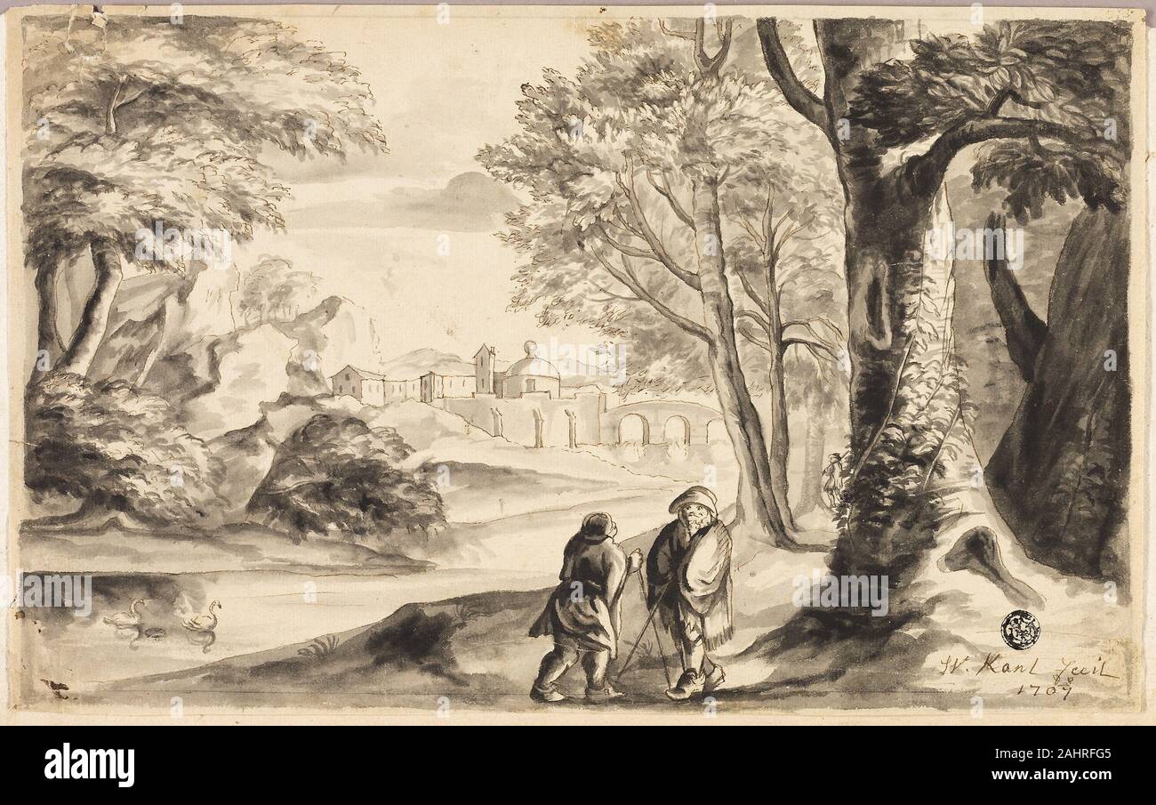 William Kent. Deux voyageurs en vertu de l'arbre avec Village et pont dans la distance. 1707. L'Angleterre. Plume et encre brune et la brosse de lavage et gris sur papier vergé crème, sur papier vergé ivoire Banque D'Images