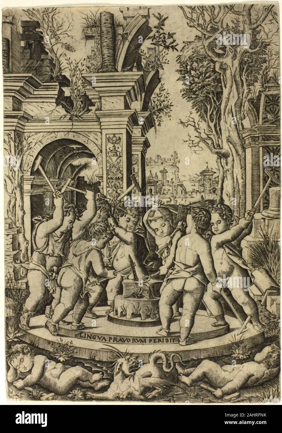 Nicoletto da Modena. Le Mal sort de la langue maternelle. 1502-1512. L'Italie. Gravure sur papier Banque D'Images