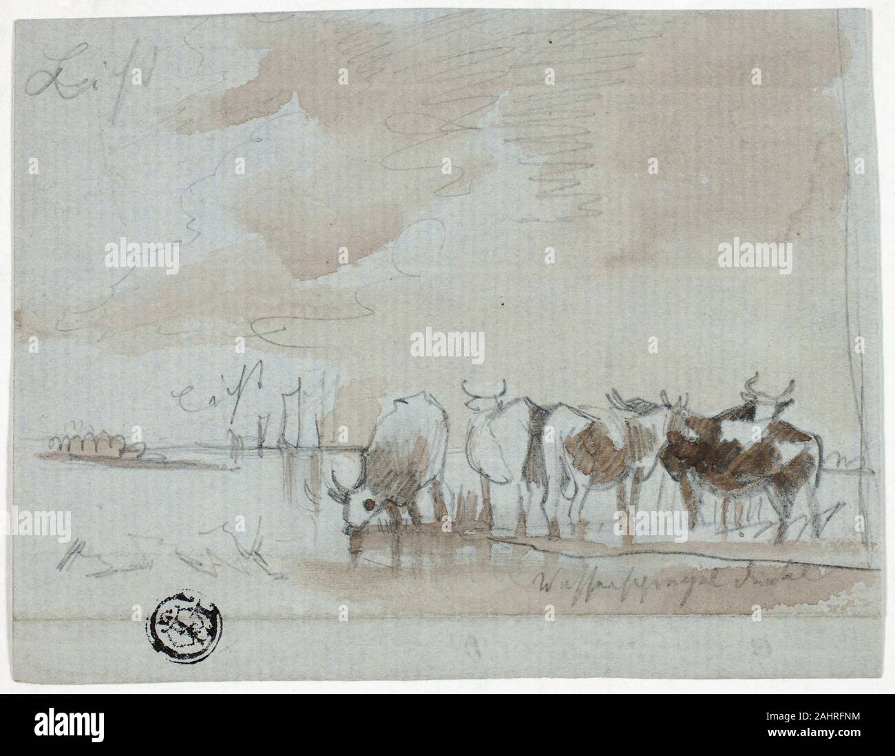 Aelbert Cuyp. Le bétail dans l'eau. 1700-1809. Aux Pays-Bas. Le graphite et le pinceau et lavis sur papier vergé bleu Banque D'Images