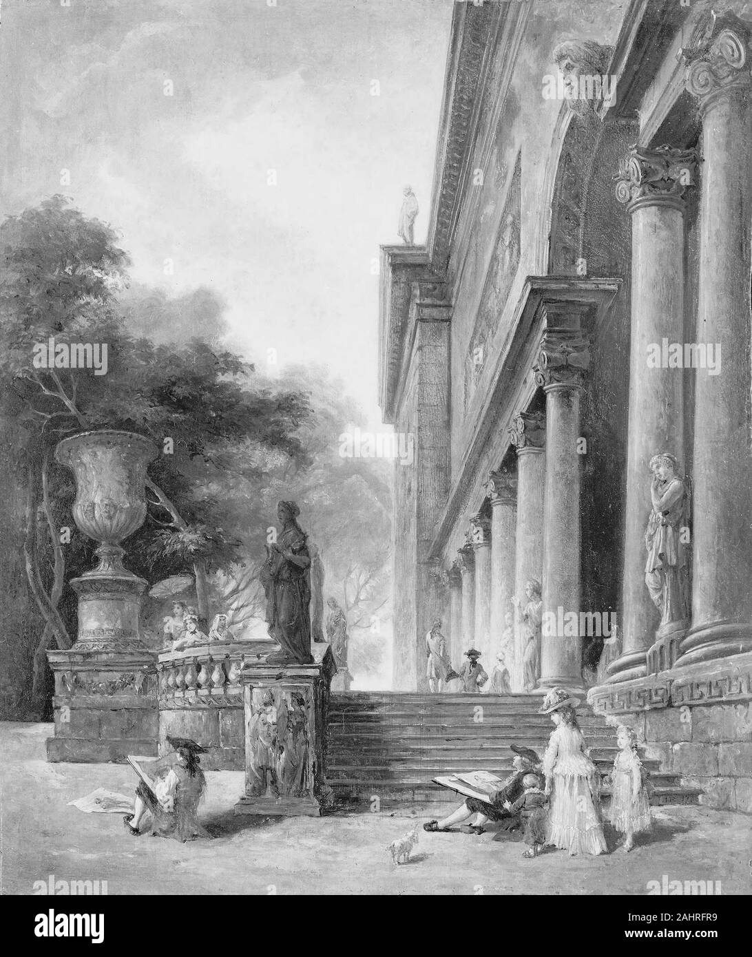Style d'Hubert Robert. Colonnade et jardins du palais des Médicis. 1870-1968. La France. Huile sur panneau Banque D'Images