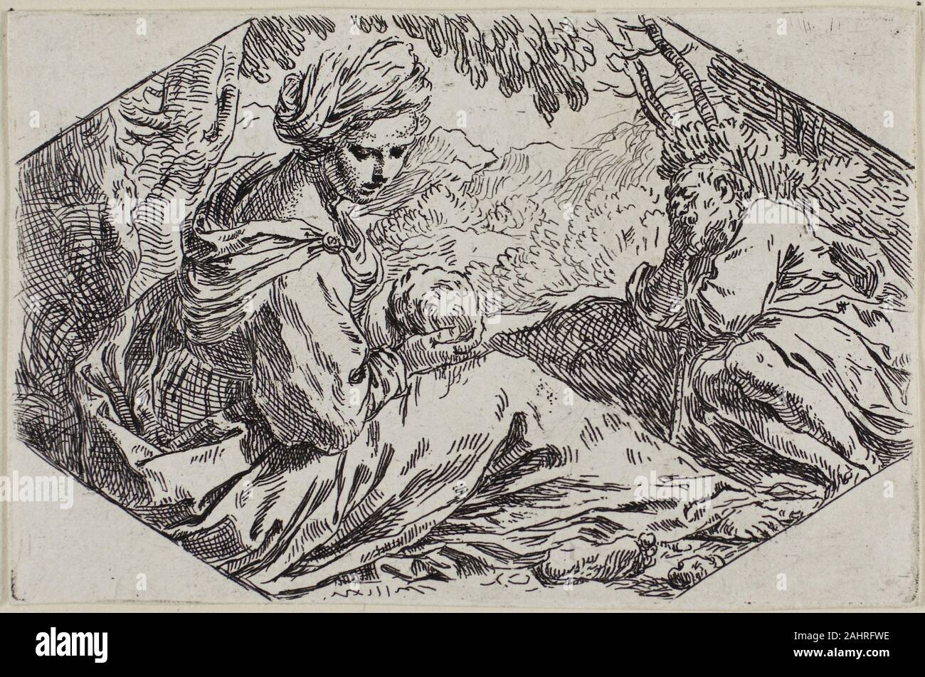Simone Cantarini. Reste sur la fuite en Egypte. 1632-1648. L'Italie. Gravure sur papier vergé ivoire l'influente Bolognese peintre et graveur Simone Cantarini intime spécialisé dans les sujets religieux. La forme octogonale distinctif de son offre, la vignette de Marie et Jésus se reposer pendant leur exode égyptien est très populaire et a été copié par ses contemporains. Banque D'Images