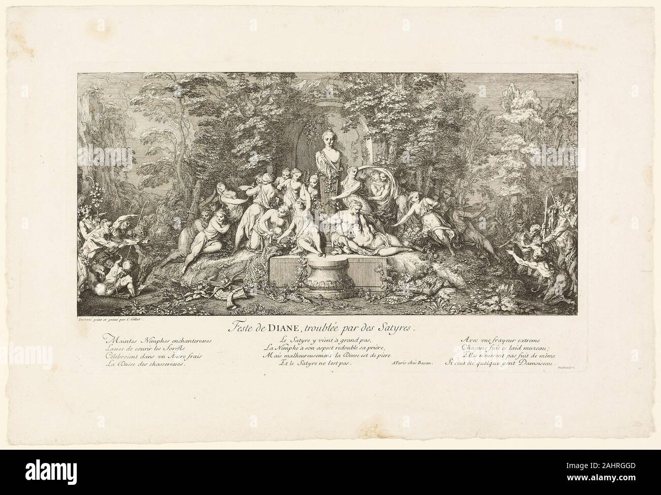Claude Gillot. Feste de Diane. 1693-1722. La France. Eau-forte sur papier Claude Gillot, qui est de quatre séries de gravure bois séditieux bacchanales célèbre Bacchus, Pan, des faunes, et la nymphe Diana (voir 1969.280-82). En tant que précurseurs stylistiques au rococo français avec un profond intérêt dans le théâtre, les empreintes du Gillot sont satiriques et tournent autour de la sculpture antique. Banque D'Images