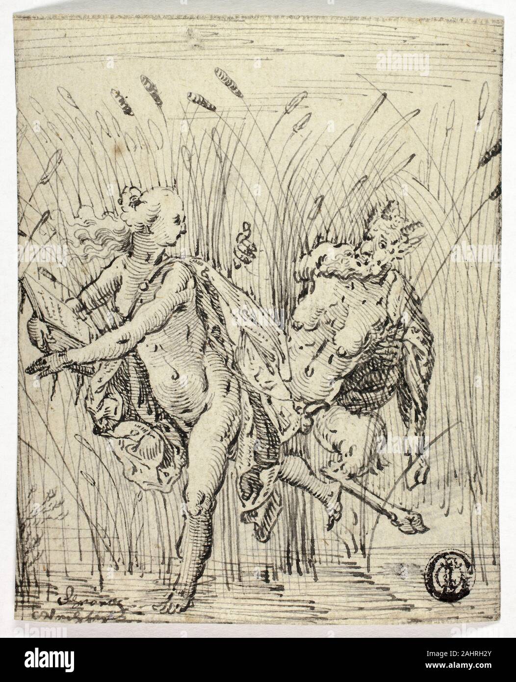 Georg Wechter. Pan et Syrinx. 1550-1599. L'Allemagne. Plume et encre noire sur papier vergé, tan sur papier vergé teinté connu pour son appétit lubrique, Pan la proie d'infortunés les nymphes. Lorsque le bac poursuit sa à un bord de la rivière, la chasseresse qualifiés Syrinx a lancé un appel à Artémis, déesse de la chasteté, qui a transformé son dans les roseaux de la rivière de la sauver. Pan a retenti à travers le soupir de frustration des roseaux creux, qu'il a ensuite façonné dans l'ensemble de tuyaux qui devint son attribut. Ce 16ème siècle à partir de détails références dessin allemand Réservez une de d'Ovide comme le carquois Syrin Banque D'Images