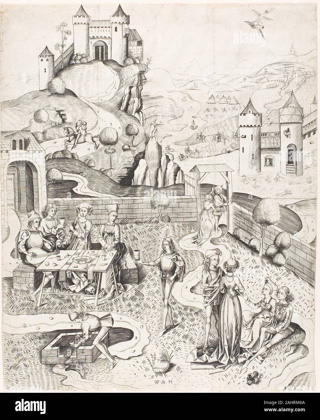 Master W UN H. Le Jardin de l'amour. 1480-1490. L'Allemagne. Gravure en noir sur papier vergé ivoire Cette gravure représente presque tous les aspects de l'amour courtois et les dates à la fin de l'époque médiévale, quand l'accouplement rituel était un élément accepté de la vie parmi la noblesse. La fête table dans la cour murée bénéficie d'accompagnement musical, ce qui suggère la musique est vraiment la nourriture de l'amour. Les amoureux de jeux d'entraînement des femmes à égalité avec les hommes ; une femme rejette sommairement un fous- cap-wearing prétendant à la porte, tandis qu'un autre sidesaddle audacieusement rides derrière son amant sur une route sinueuse. Les hommes et les femmes jouissent de sk Banque D'Images