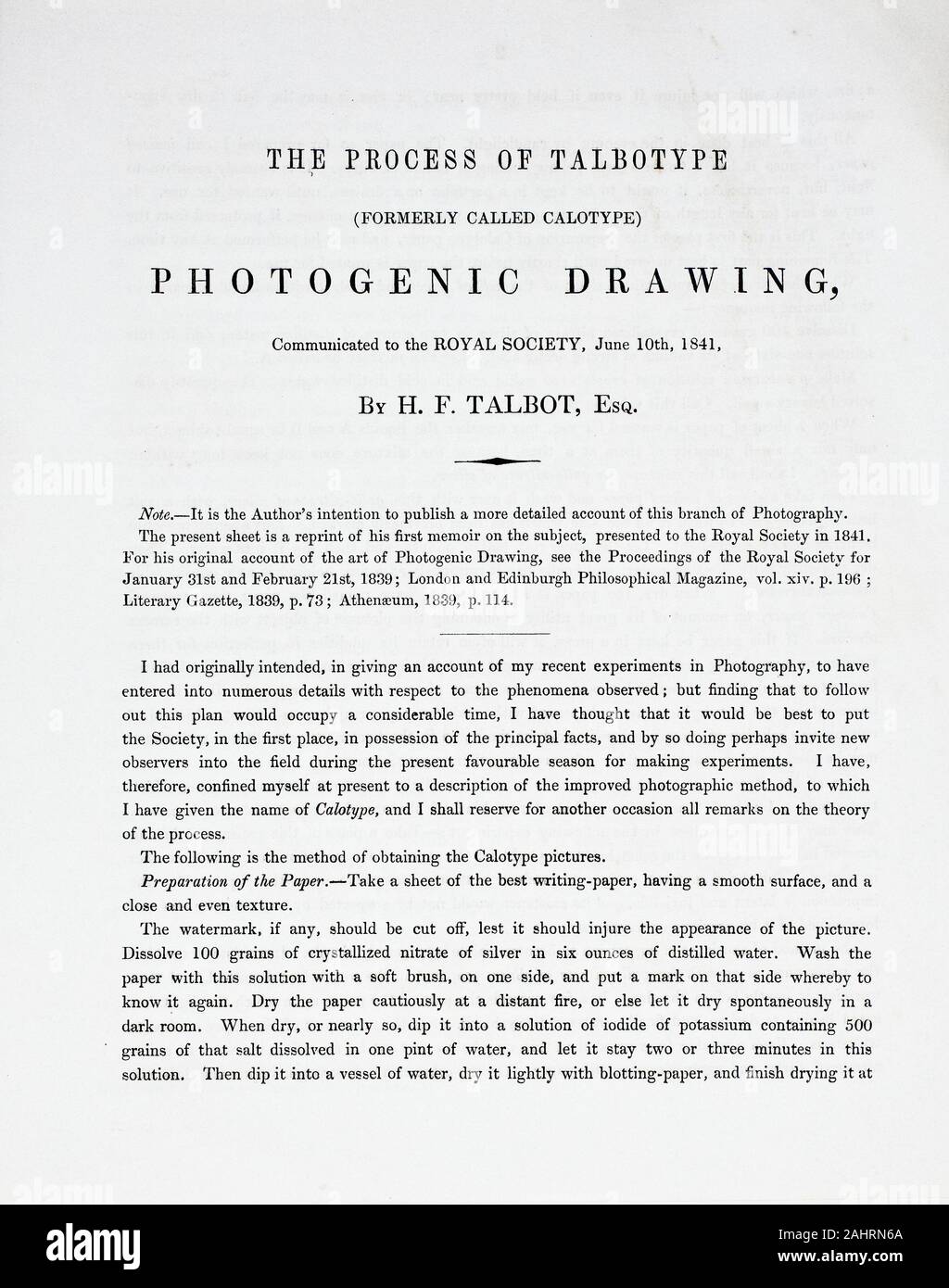 William Henry Fox Talbot. Le processus de Talbotype (anciennement appelé Calotype) Dessin photogénique. 1841. L'Angleterre. Quatre pages de texte libre (environ 2500 mots), imprimée par J. & H. Cox Brothers Banque D'Images